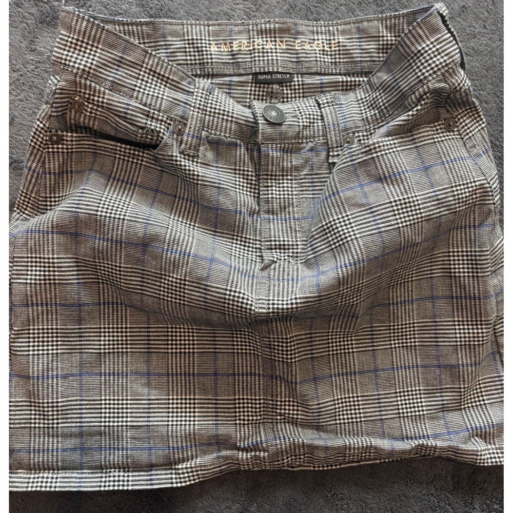 American Eagle Plaid Mini Skirt Super Stretch Blue Grey Glen Check Size 0